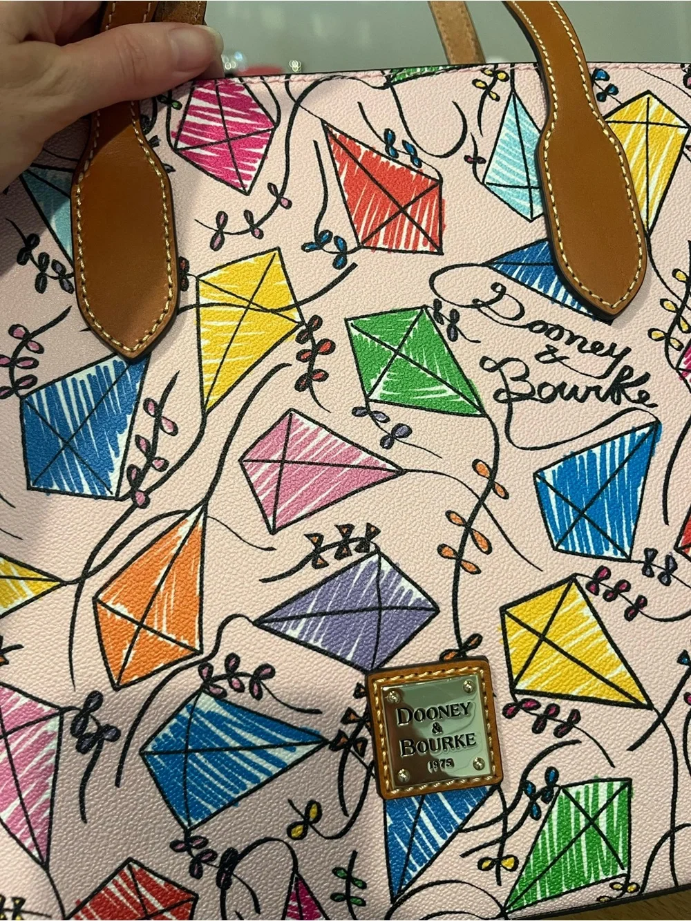 Dooney & Bourke Pink Multicolor Kite Print Tote with Tan Straps